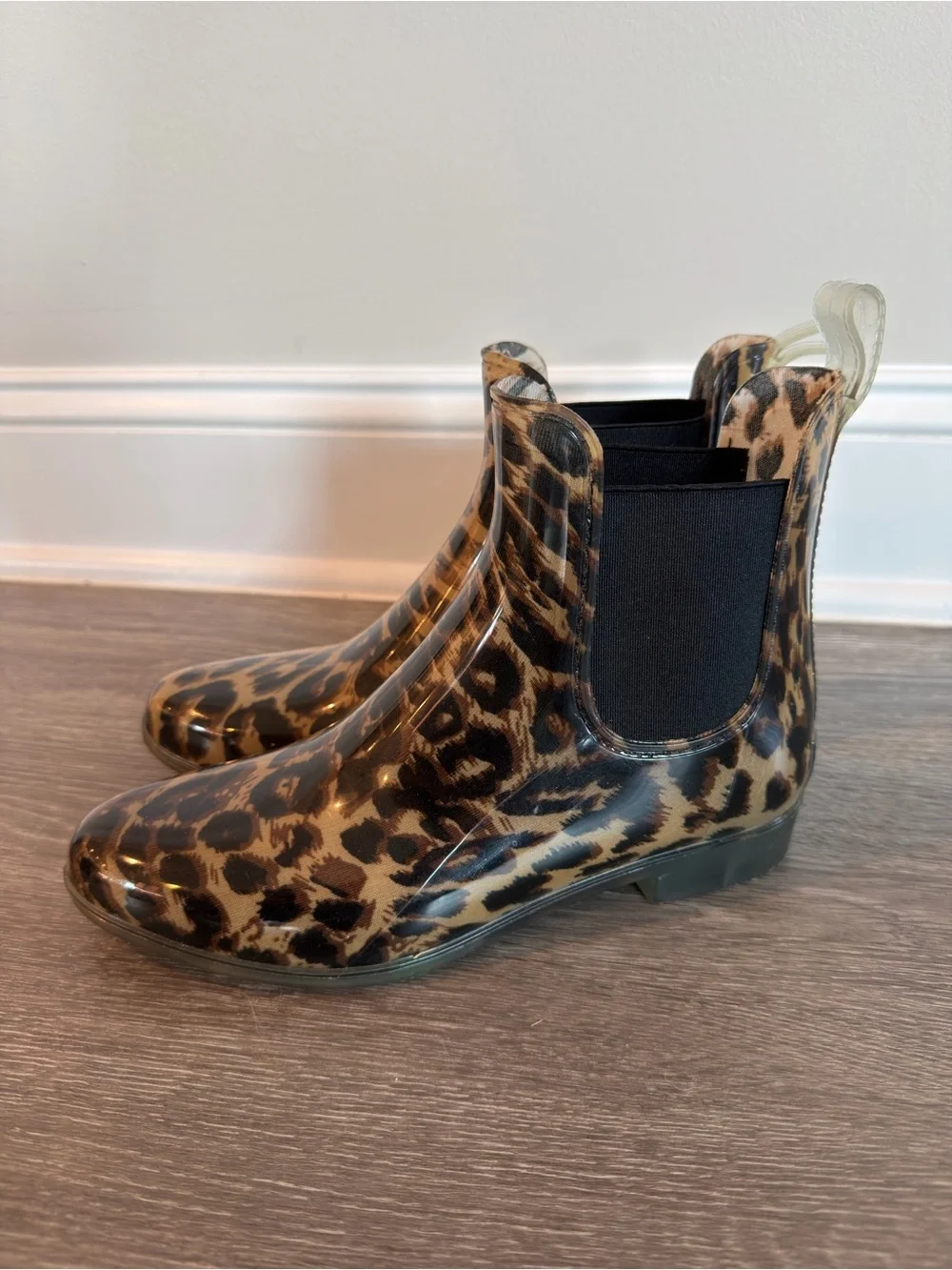 J. Crew Leopard Print Chelsea Rain Booties in Brown and Black